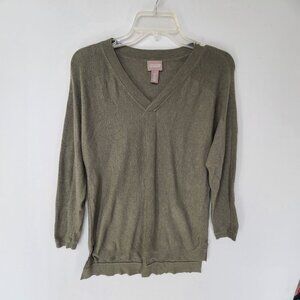 Chico's Women's Long Sleeve Pullover Knit Top V neck Olive Green Size Small